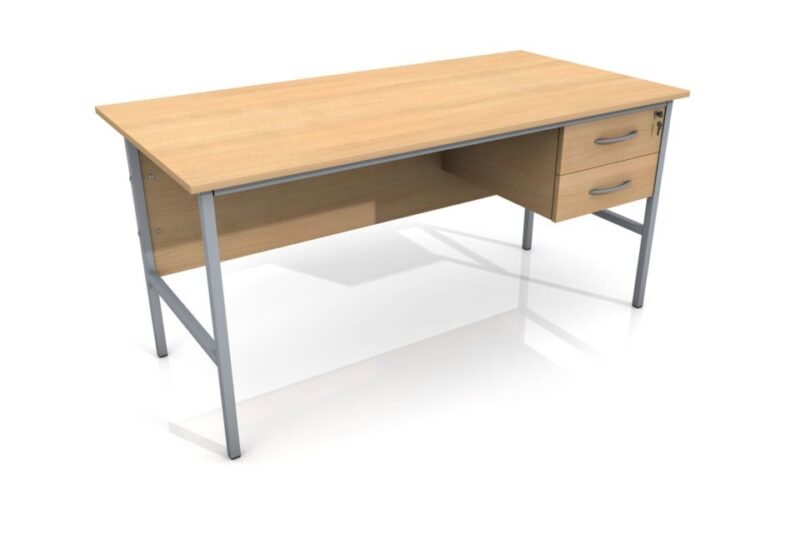 150 cm (59.1 in) Site Office Desk – Lockable Pedestal – Wood finish office desk with silver metal frame and two drawers on white background