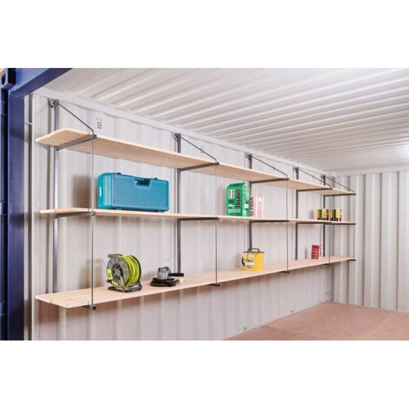 Fastfit Container Racking – Three Tiers, Two Bays – Three tier wooden racking system installed along the wall of a shipping container