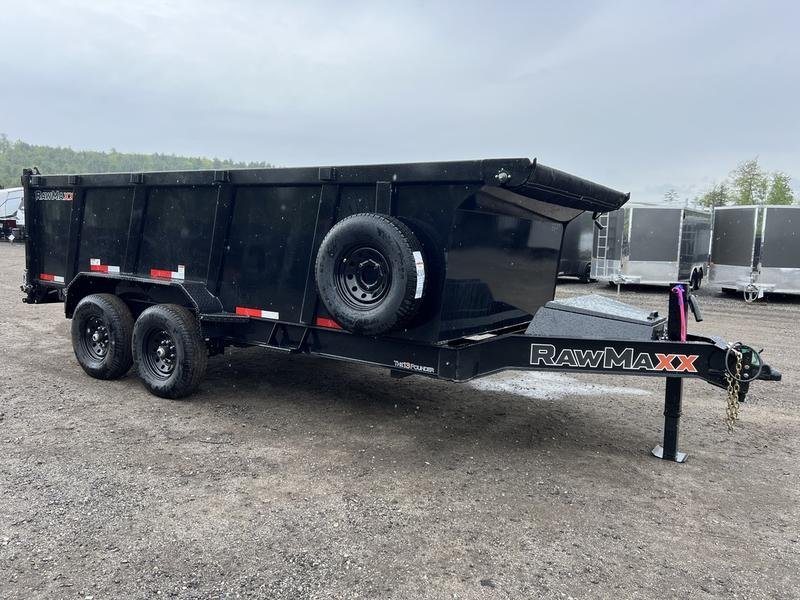 2024 RawMaxx 16 ft Dump Trailer – Tarp Kit – Three-quarter view from the front right side showing the spare tire