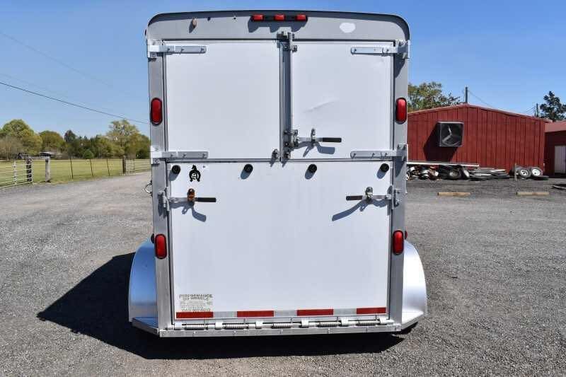 2004 Dalton 2 Horse Bumper Pull Trailer – Aluminum, Straight Load – Another rear view of the closed horse trailer showing the loading area doors