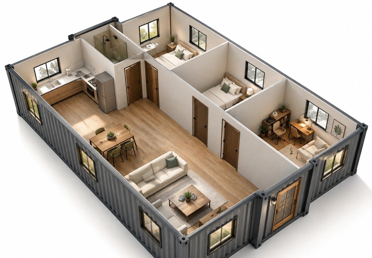 40ft Foldable Home – 3 Bedrooms, Glazed Front – Expanded on site in under an hour — white steel walls with full-height glazing
