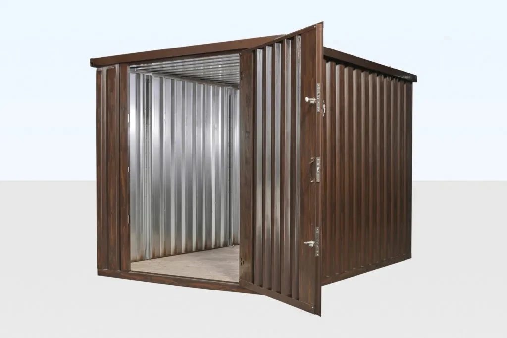 2m Flat Pack Steel Storage Container – Wood-Effect Finish – three-quarter view of wood-effect storage container with door open