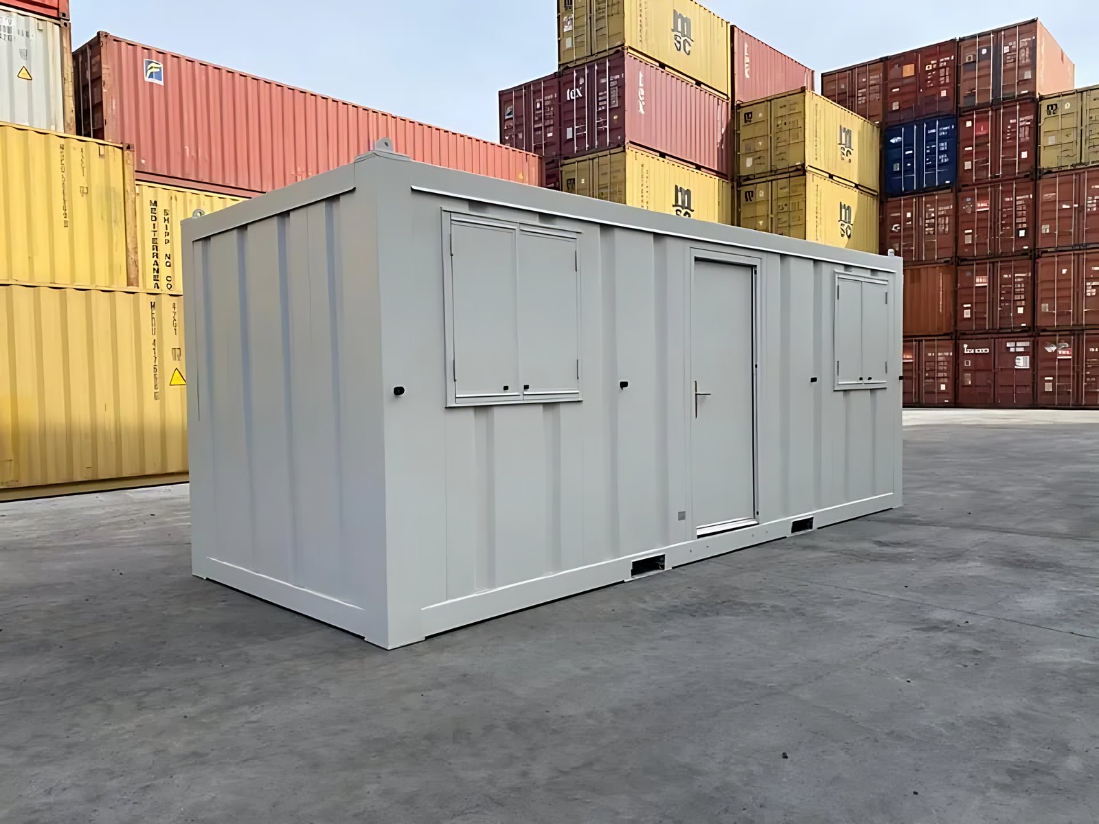 20ft Open-Plan Office Container – Flexible Workspace – Grey office container with closed door and window shutters in a container yard