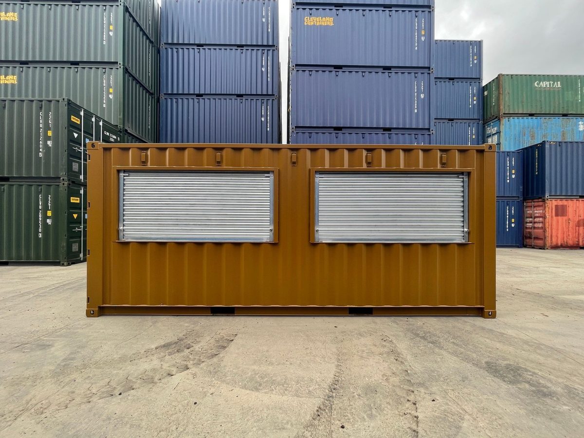 20ft High Cube Container Bar – Multiple Serving Hatches – front exterior of container bar with two closed serving shutters