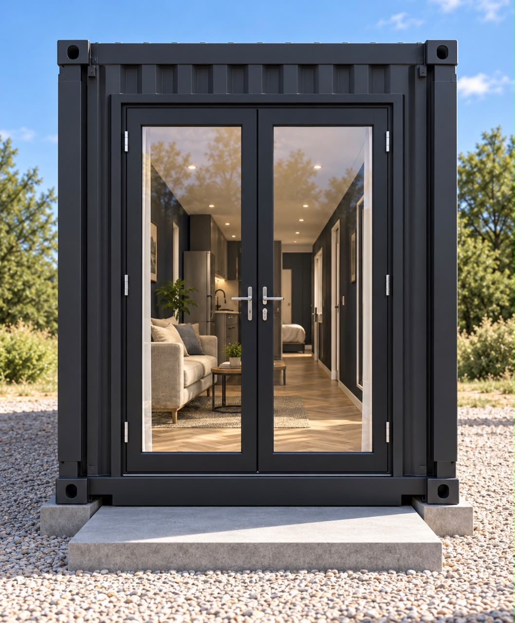 40ft Charcoal Haven Container Home – 1 Bedroom, Galley Kitchen – Double glazed end entry opening into the lounge
