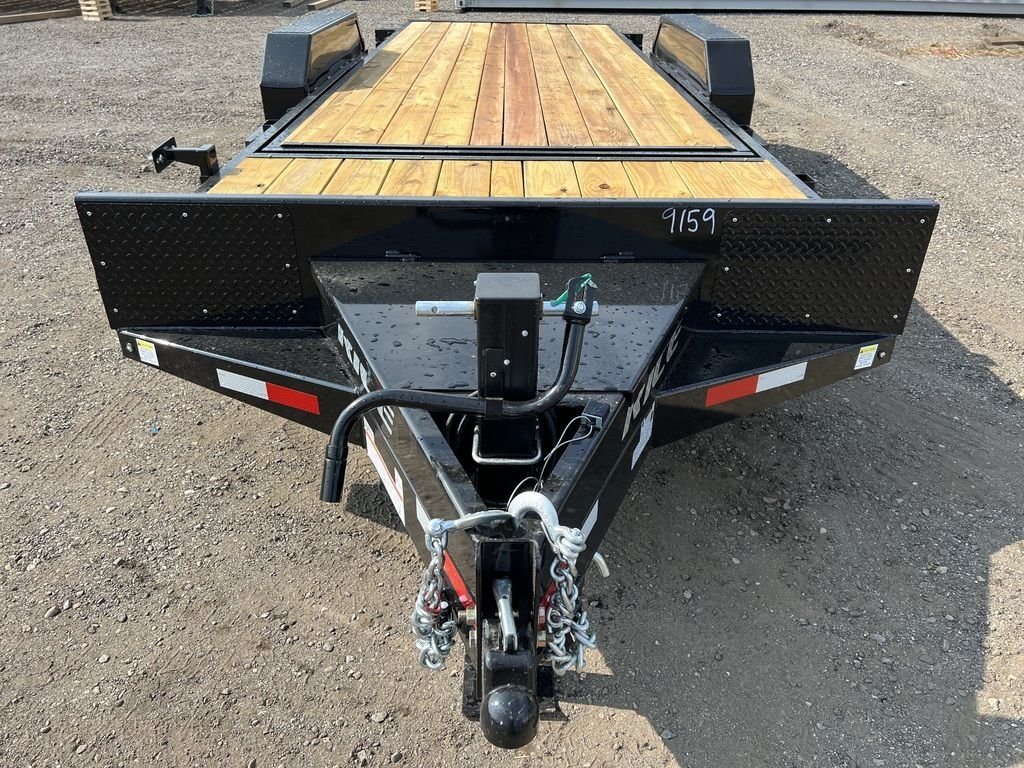 2024 Rice Trailers 20 ft Tilt Deck – Spare Mount – Close-up of the trailer hitch, coupler, safety chains, and front jack