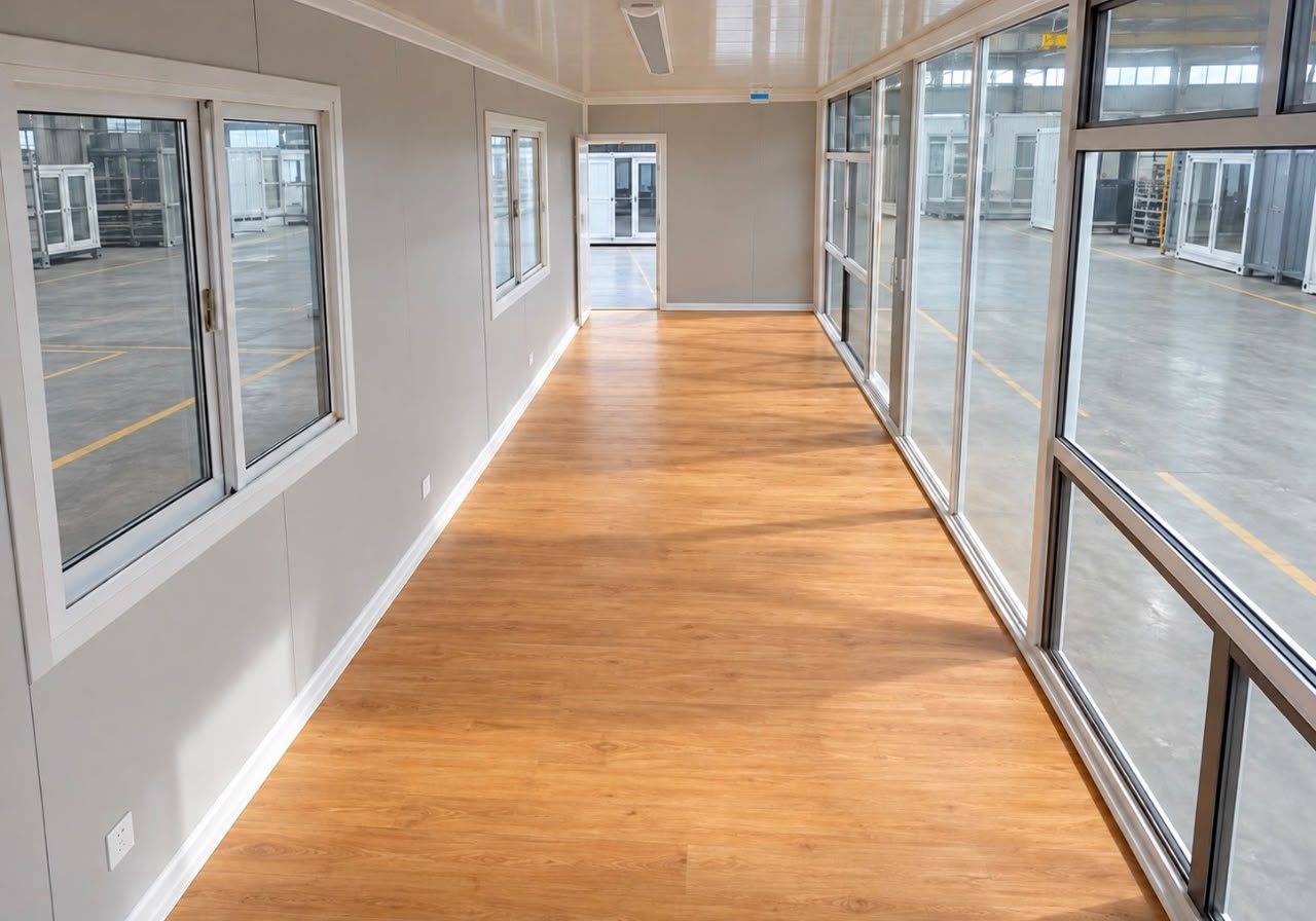 40ft Glazed Open-Plan Container – Lined Interior, Blue – 40ft Glazed Open-Plan Container — Interior Hallway View