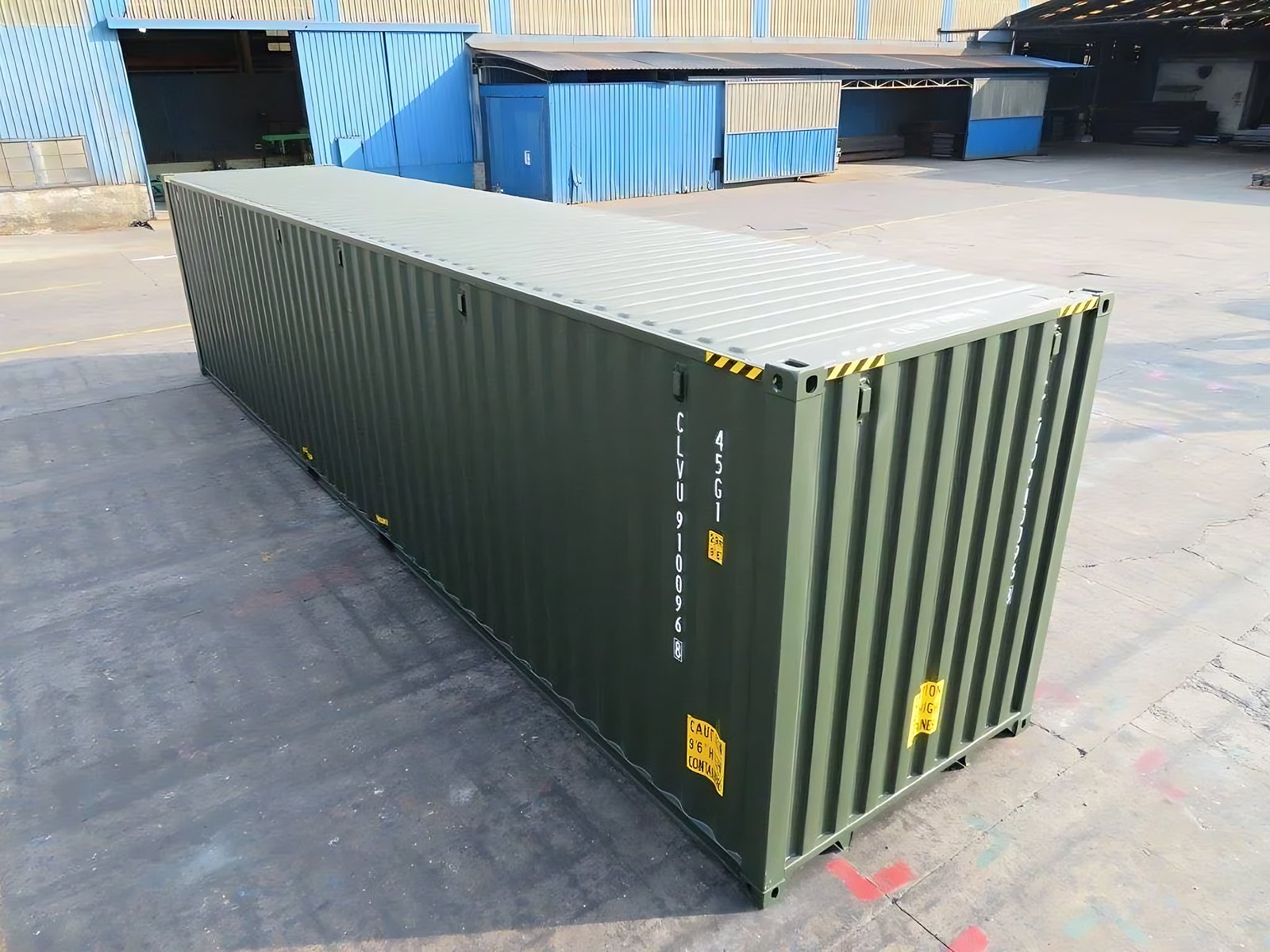 40ft One-Trip Shipping Container – Standard Height, Dry Storage – elevated three-quarter exterior view of container with solid end