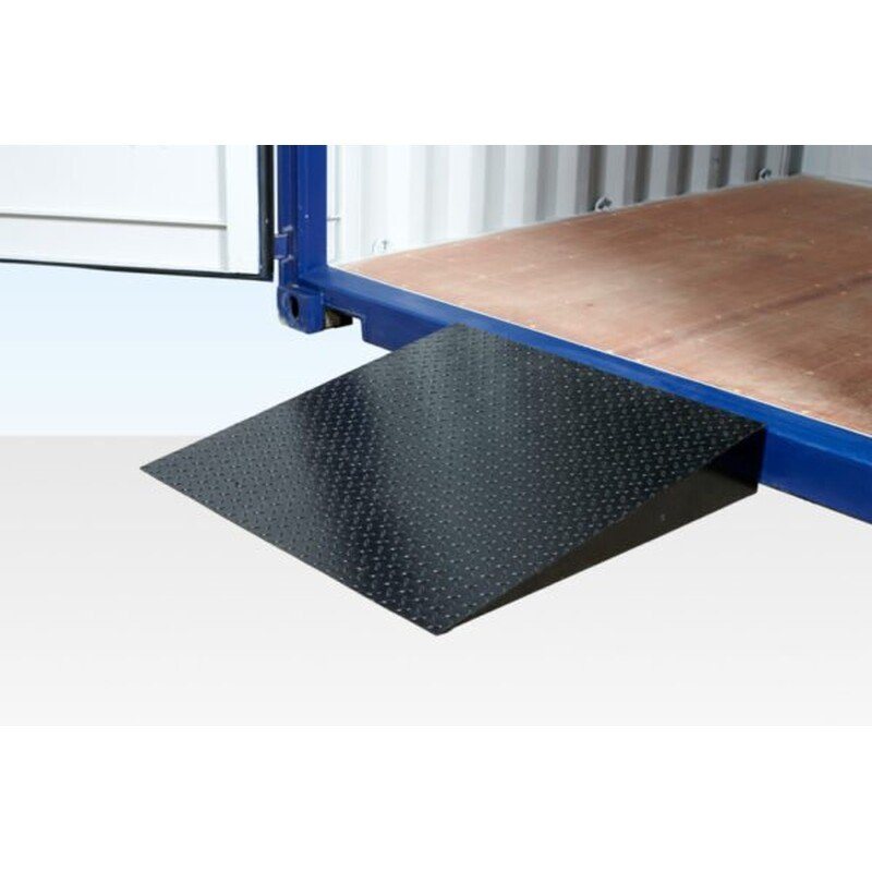 Shipping Container Loading Ramp – Removable Steel – Black diamond plate loading ramp positioned at the entrance of a shipping container