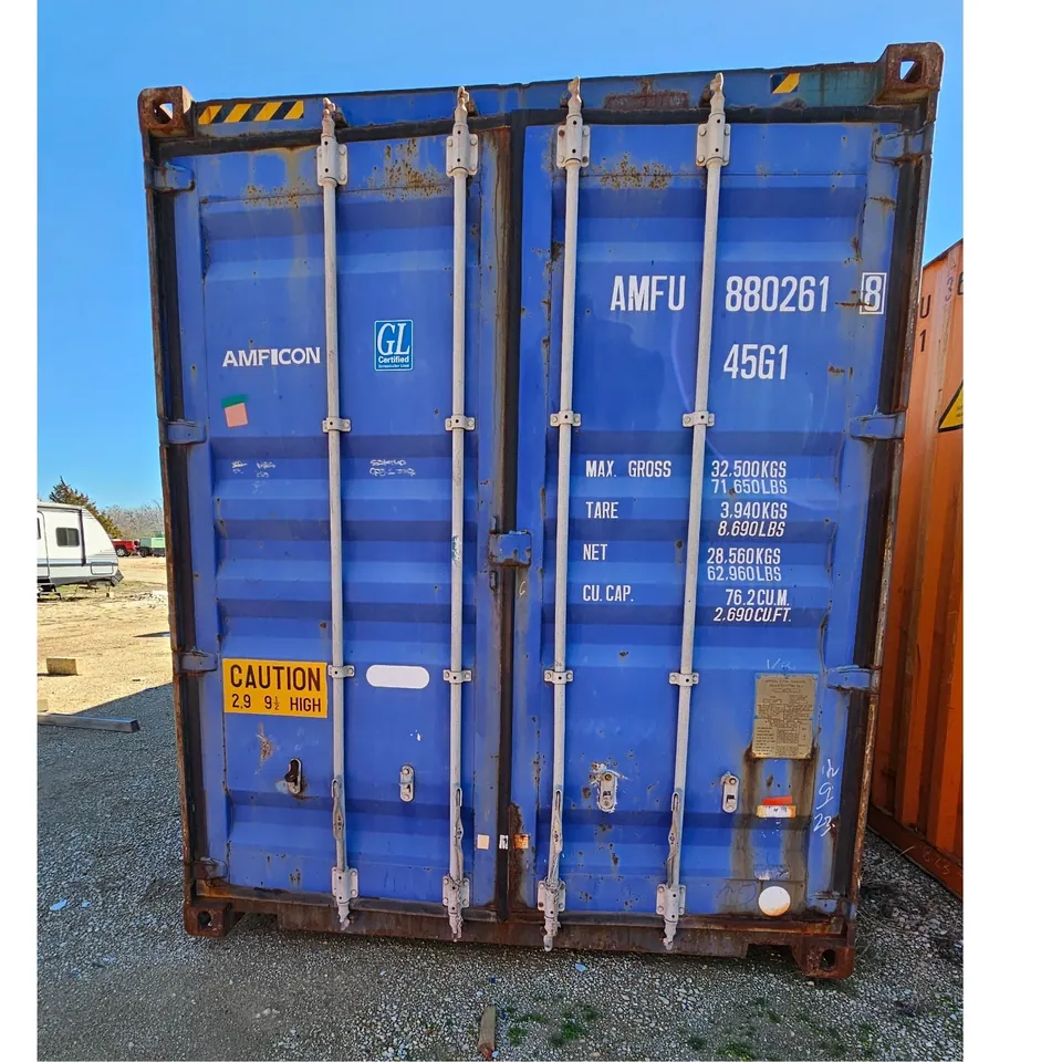 40ft High Cube Shipping Container – Used, Wind & Watertight – closed blue container cargo doors with rust and locking bars