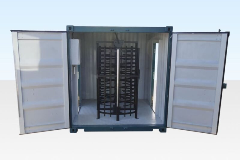 Steel Double Turnstile Unit – Blue, Separate Entry And Exit – Frontal view of the container with double cargo doors wide open revealing the turnstile