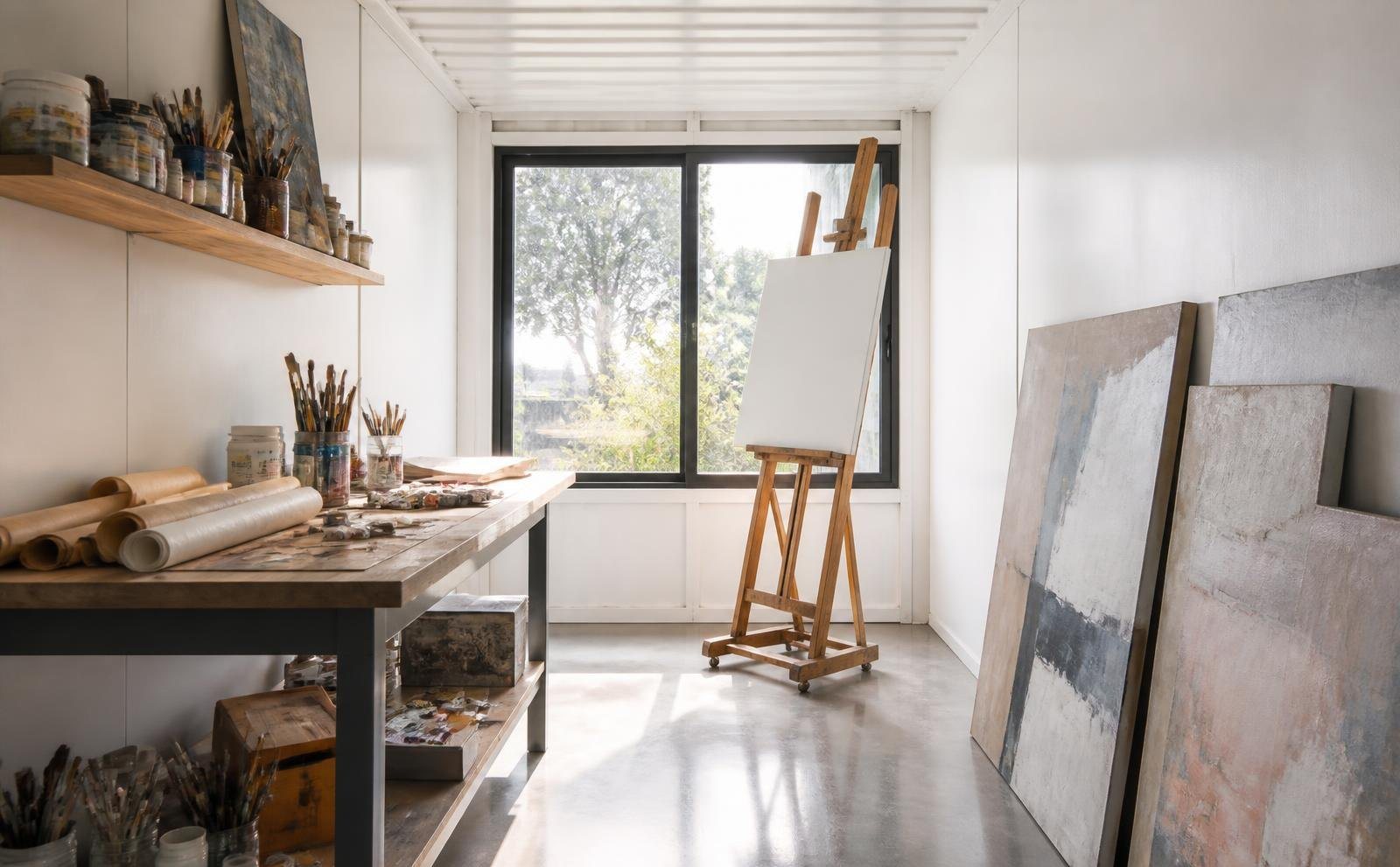 10-Module Container Home – The Ultimate, 3-Bedroom Courtyard – A dedicated art studio module within the luxury courtyard villa features natural light and space for large canvases