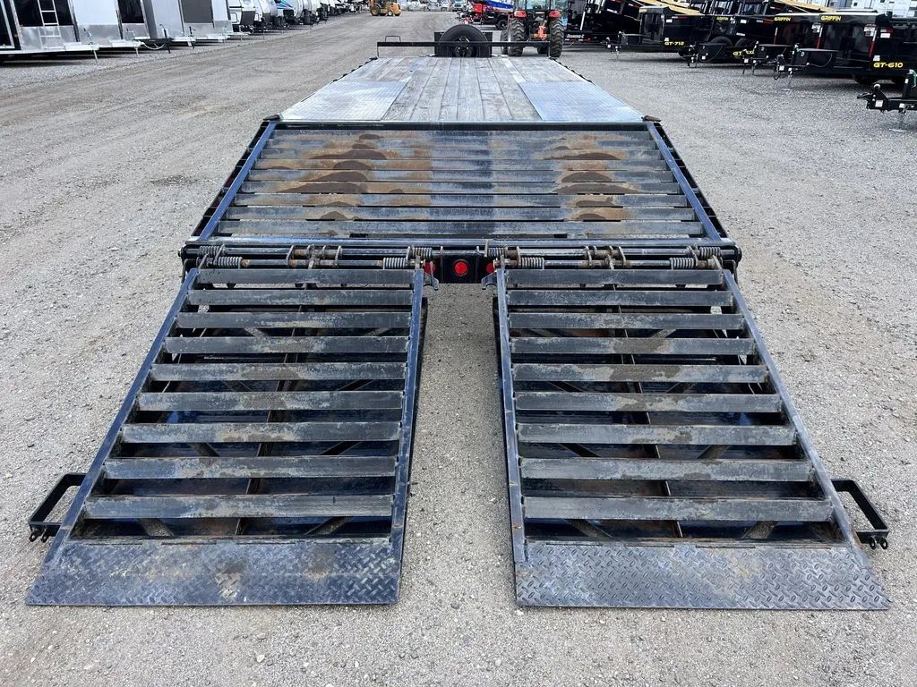 2022 Iron Bull Trailers Equipment Trailer – Rampage Ramps – Direct rear view showing the wide metal loading ramps and wood plank deck