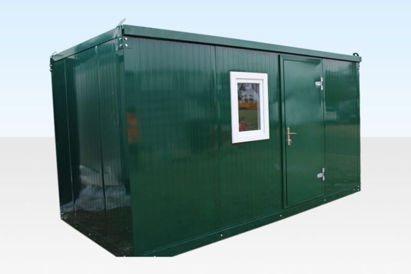 14.1 ft Flat-Pack Office Cabin – Moss Green – Three-quarter exterior view of a green flat-packed office cabin showing the door and window