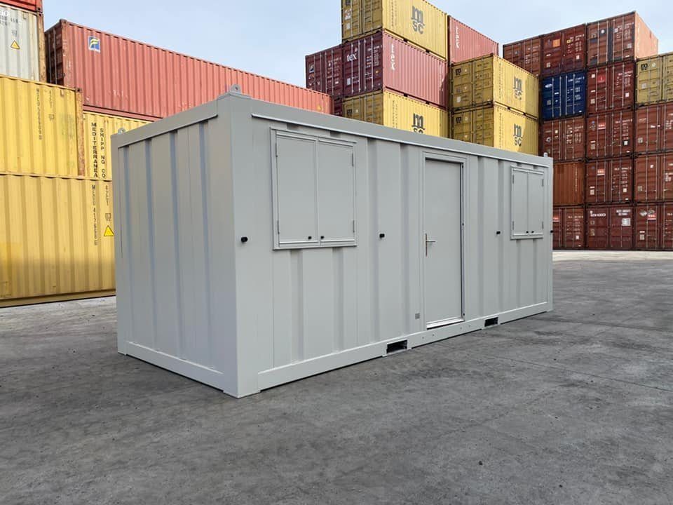 20ft Open-Plan Office Container – Flexible Workspace – three-quarter exterior of office container with shuttered windows