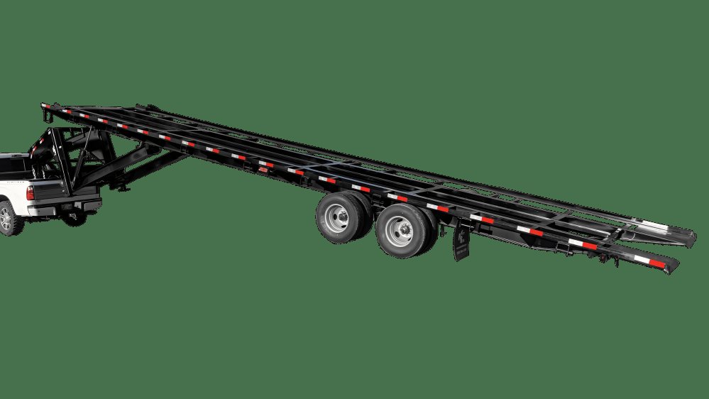 40 ft Gooseneck Tilt Bed Trailer – Eight Winches – High three-quarter view of a black heavy duty gooseneck tilt bed trailer frame