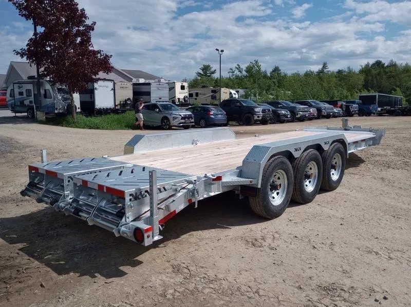 2024 N&N Trailers 20 ft Equipment Trailer – Full-Width Ramps – Three-quarter rear view of the trailer with the metal ramps in the upright position