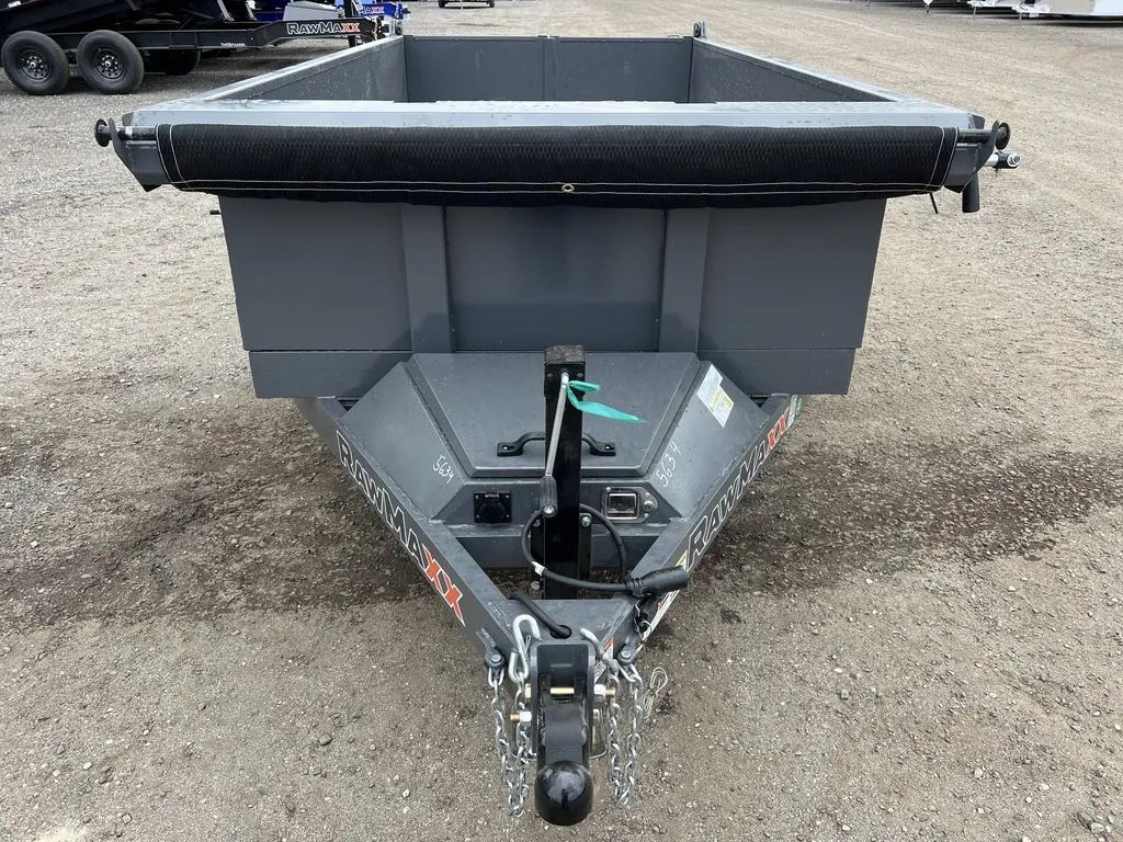 2024 RawMaxx 10 ft Dump Trailer – Shadow Grey – Front view of the trailer showing the tarp kit and the A-frame tongue