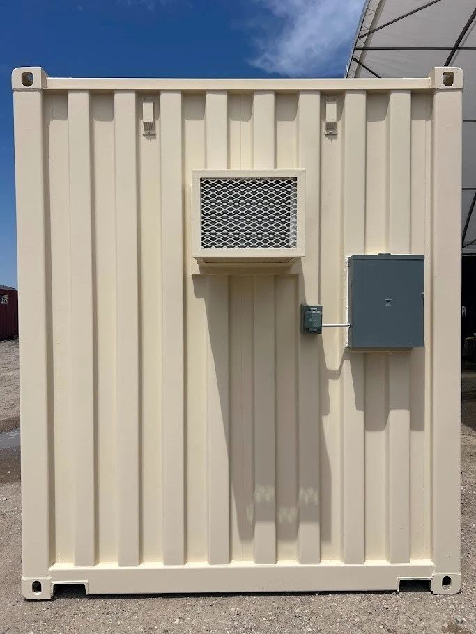 20ft High Cube Container Office – Side Entry and Two Windows – container end wall with ventilation grille and electrical boxes