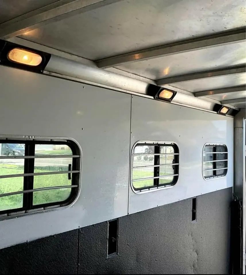 1999 Sundowner 3 Horse Trailer – Removable Rear Tack – Interior side wall of the trailer showing windows with bars and lights
