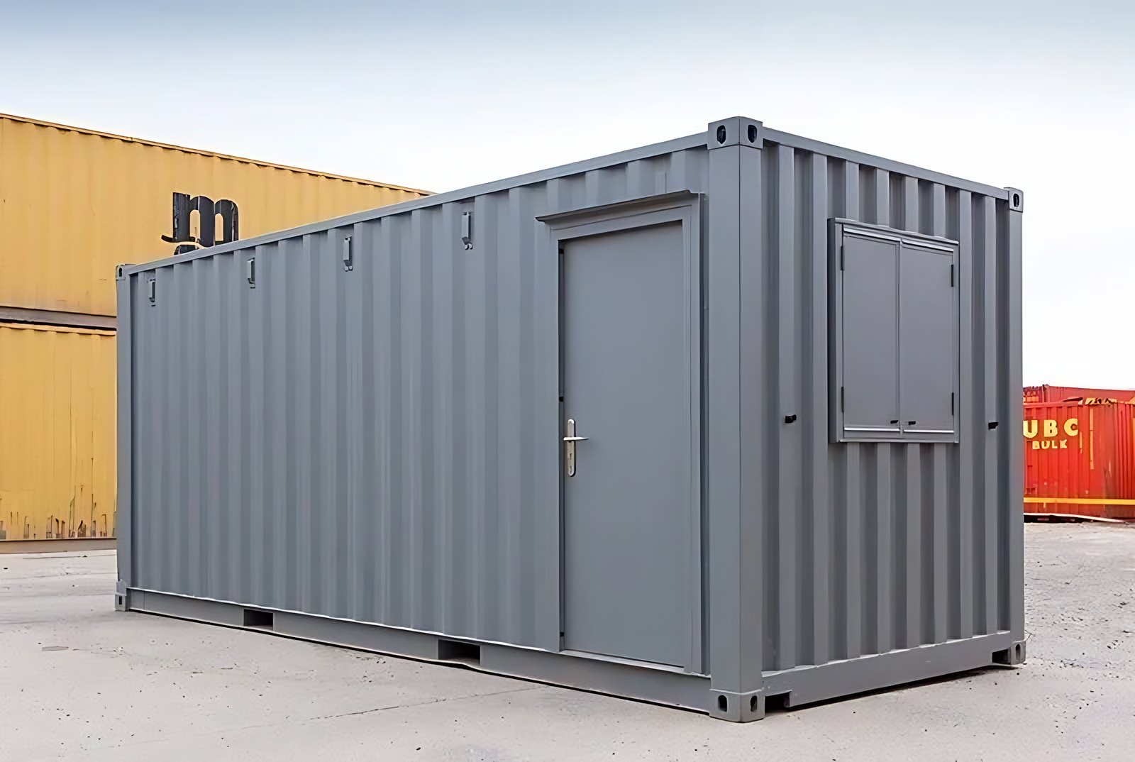 20ft Steel Office Container – Open Workspace Shell – Gray steel office container with a closed personnel door and shuttered window in a yard