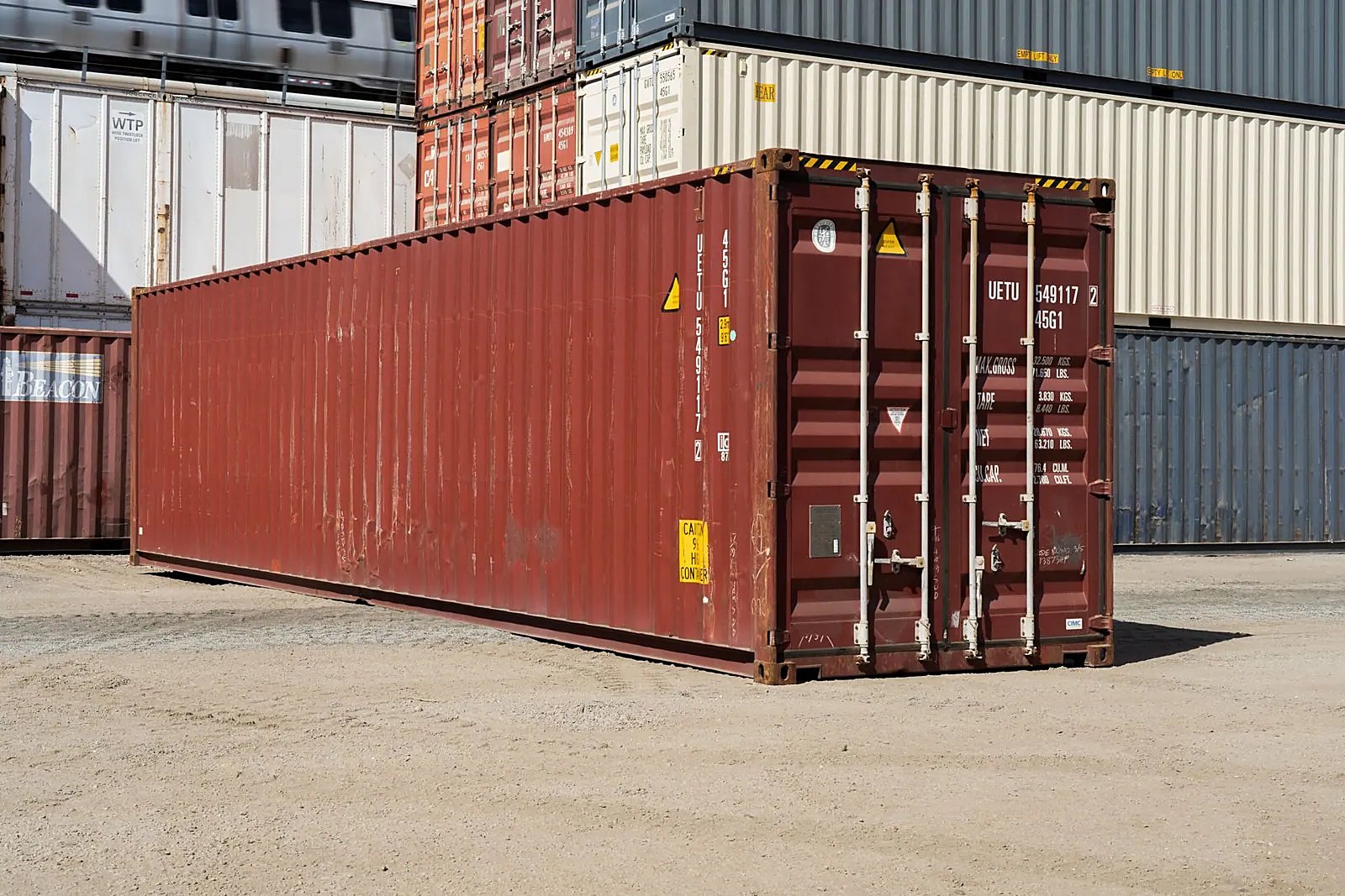 40ft High Cube Shipping Container – Used, Cargo Worthy – three-quarter exterior view of weathered container with cargo doors closed