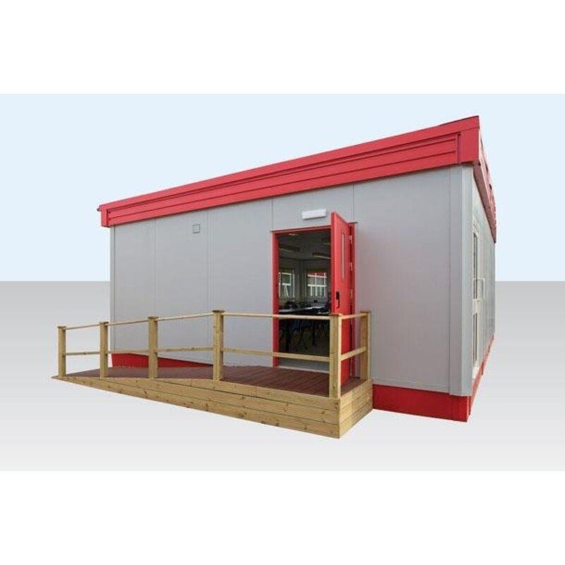 32 ft Three-Bay Modular Building – Red & White – Exterior view of a grey modular building with red trim and a wooden accessibility ramp