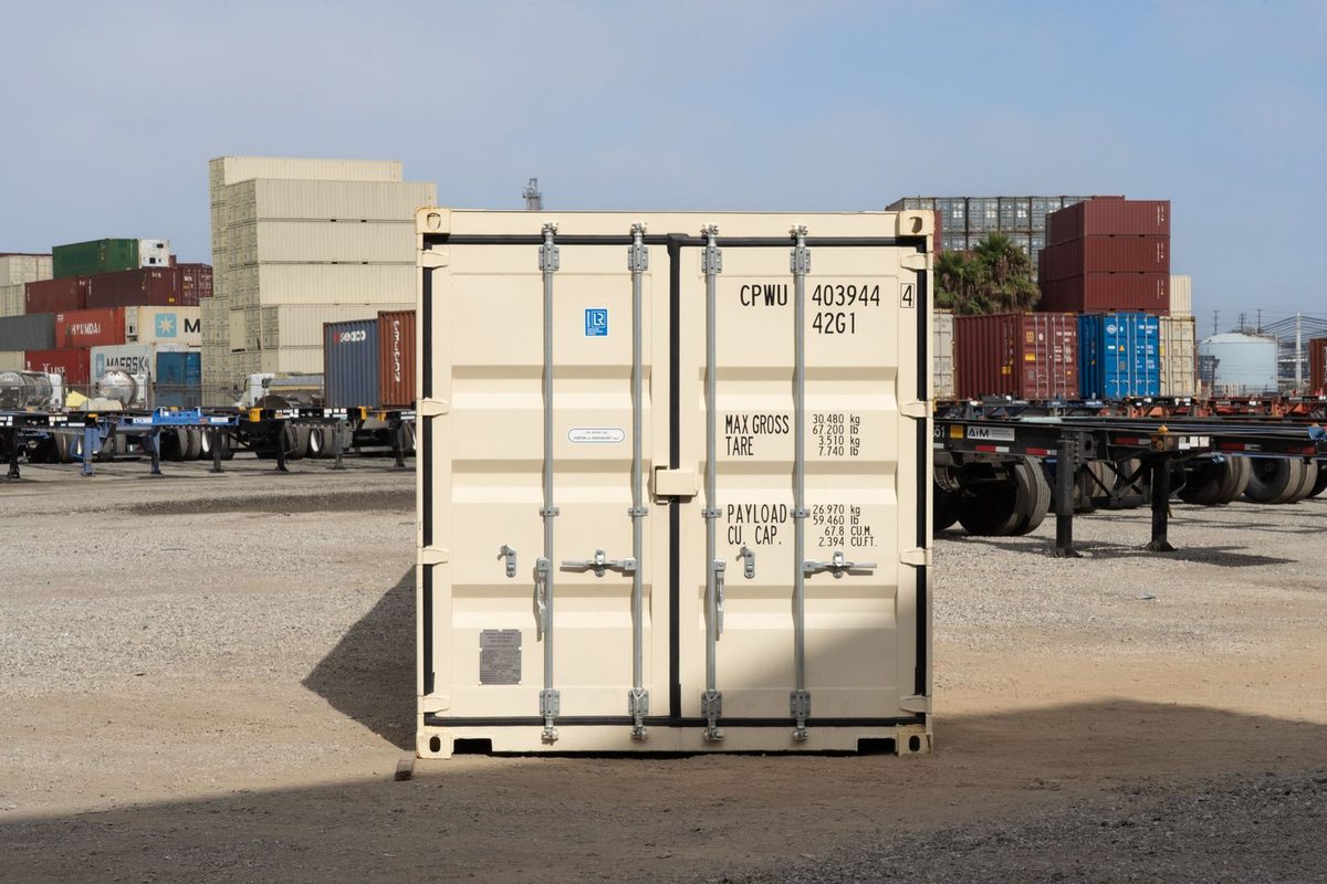 40ft Standard Shipping Container – New One-Trip – front view of closed cargo doors in container yard