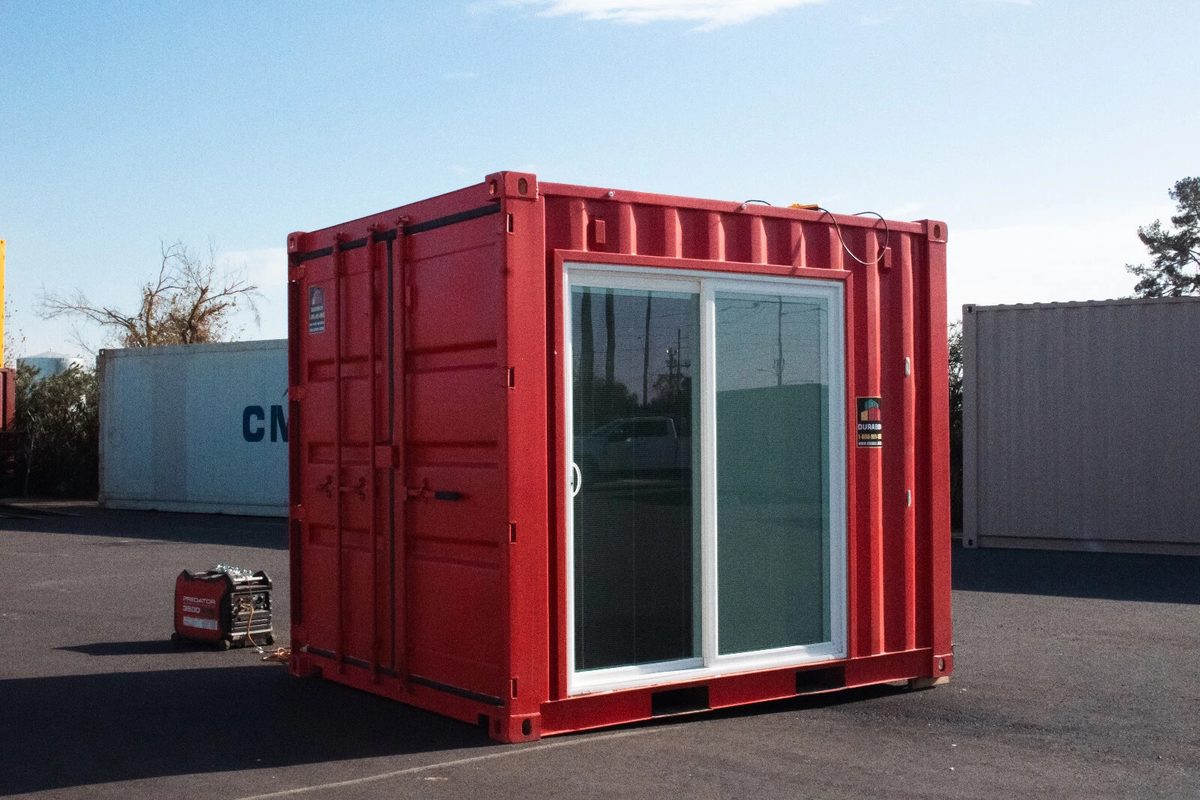 10ft Newly Built Concession Stand – Flip-Up Service Window – red container with sliding glass entry and closed cargo doors