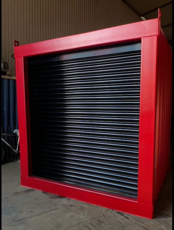 6ft Bespoke Storage Container – Motorized Roller Shutter – red storage container with closed black roller shutter
