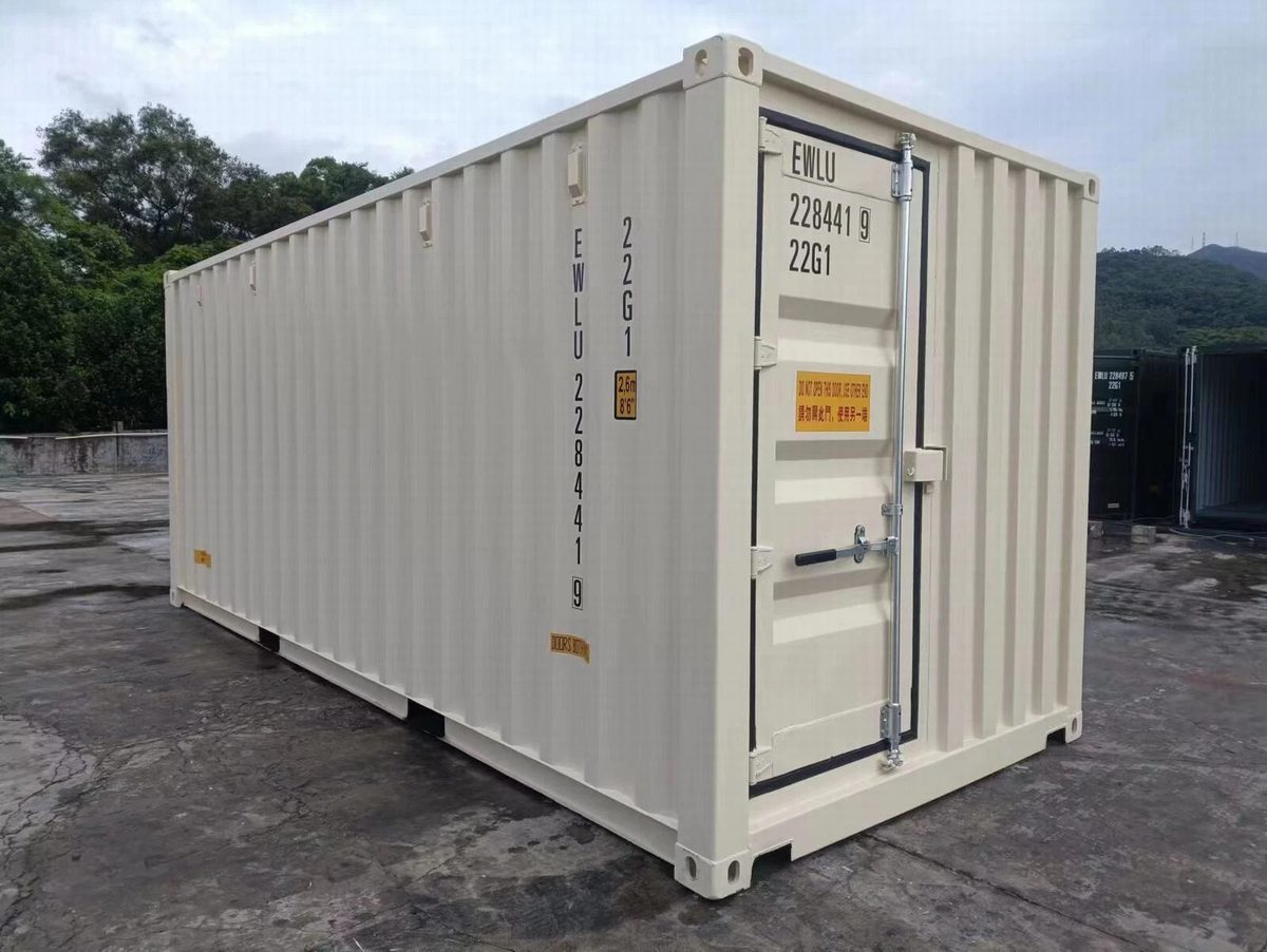 20ft One-Trip Shipping Container – Double + Single Doors – three-quarter exterior view with closed single access door