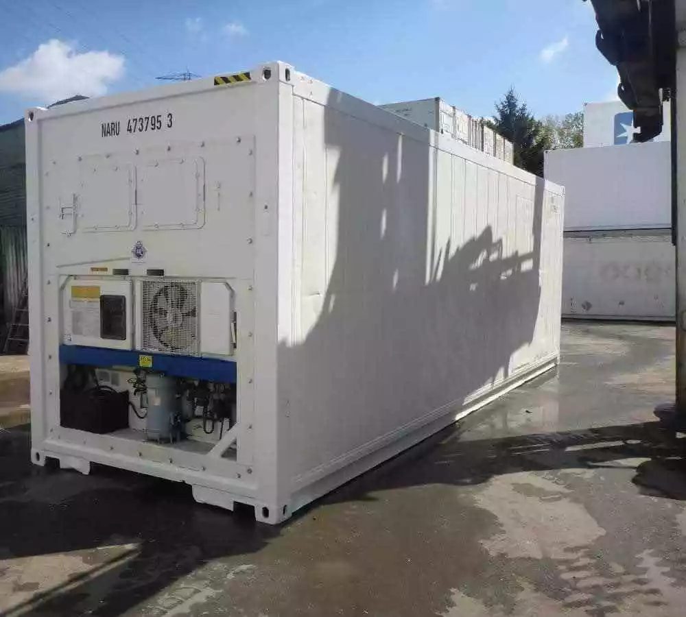 30ft Customized Reefer Container – Mobile Freezer Storage – three-quarter exterior view of white container with refrigeration equipment