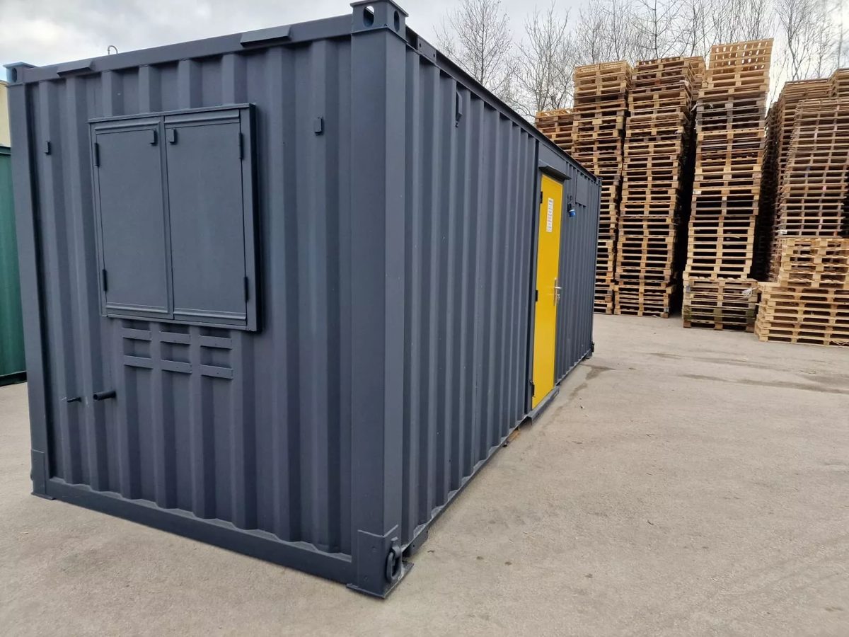 20ft Anti-Vandal Office Canteen – Insulated Steel Workspace – Three-quarter exterior of modular office with yellow entry door