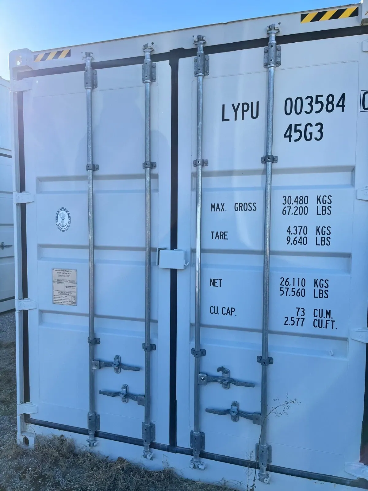 40ft High Cube Shipping Container – Side and End Doors – closed container end doors with locking bars and weight markings (4)