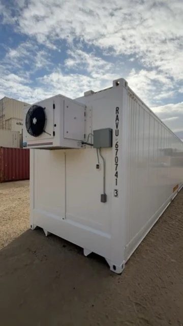 40ft High Cube Refrigerated Container – 5HP Single-Phase – three-quarter exterior view of refrigerated container with cooling unit