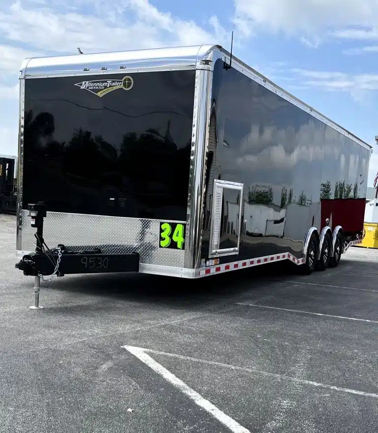 2025 Haulmark Edge 34 ft Race Trailer – Turbo Package – Front three-quarter view from the driver side of the black enclosed car trailer