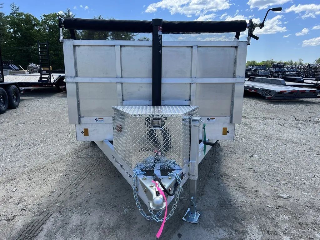 2024 Cargo Pro 12 ft Dump Trailer – Aluminum – Straight front view of the trailer showing the bulkhead and tarp roller