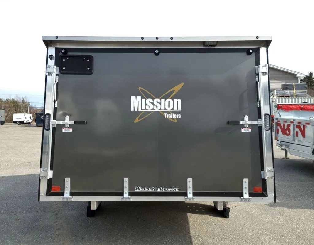 Mission Trailers Aluminum Crossover – Rear Canopy – Straight-on rear view of the trailer with the ramp door closed