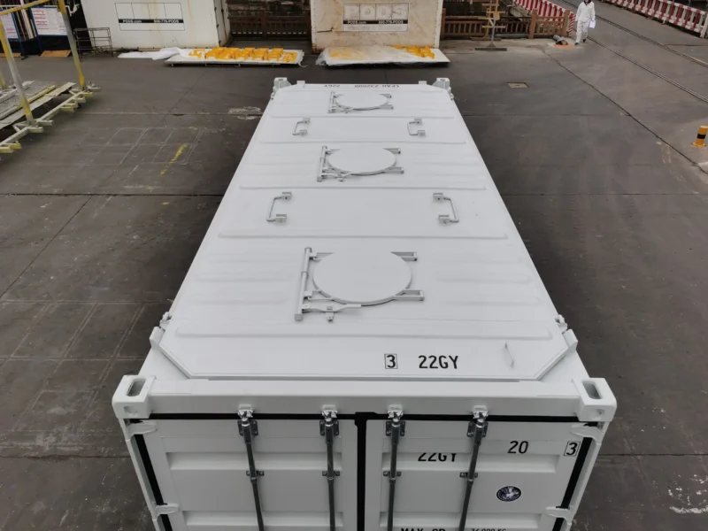 20 ft Dry Bulk Container – White, Top Loading – Top down view of a container roof showing three circular loading hatches