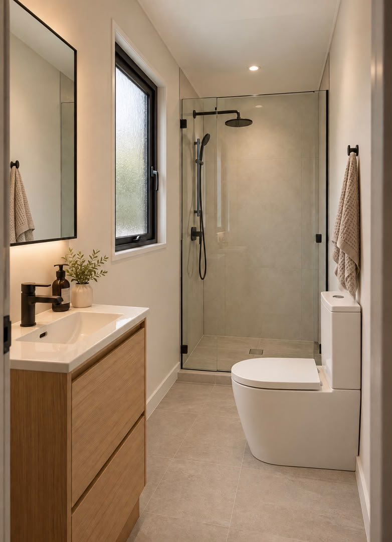 Two-Story Container Home – 1 Bedroom, 2 Baths, Rooftop Deck – Bathroom view showing the glass shower enclosure, vanity and toilet