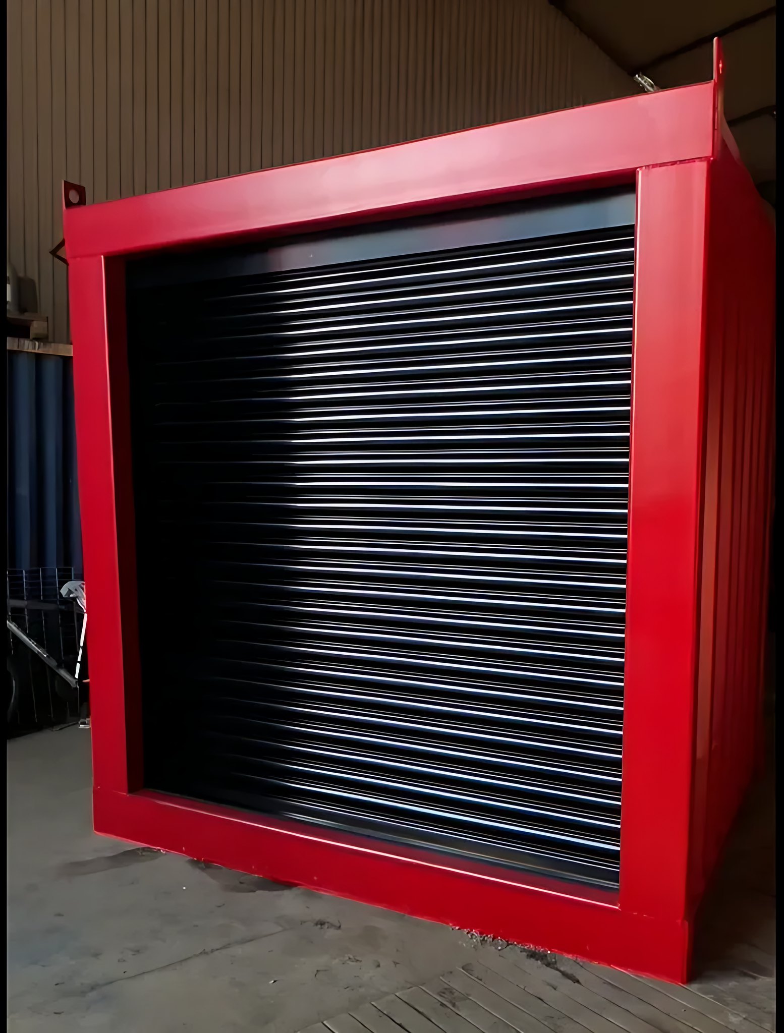 6ft Bespoke Storage Container – Motorized Roller Shutter – red storage container with closed black roller shutter