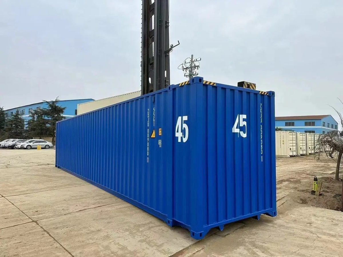 45ft High Cube Shipping Container – New, Extended Storage – three-quarter exterior view of blue container with solid end