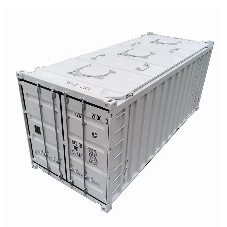 20 ft Dry Bulk Container – White, Top Loading – High angle three-quarter view of a white bulk storage container with roof hatches