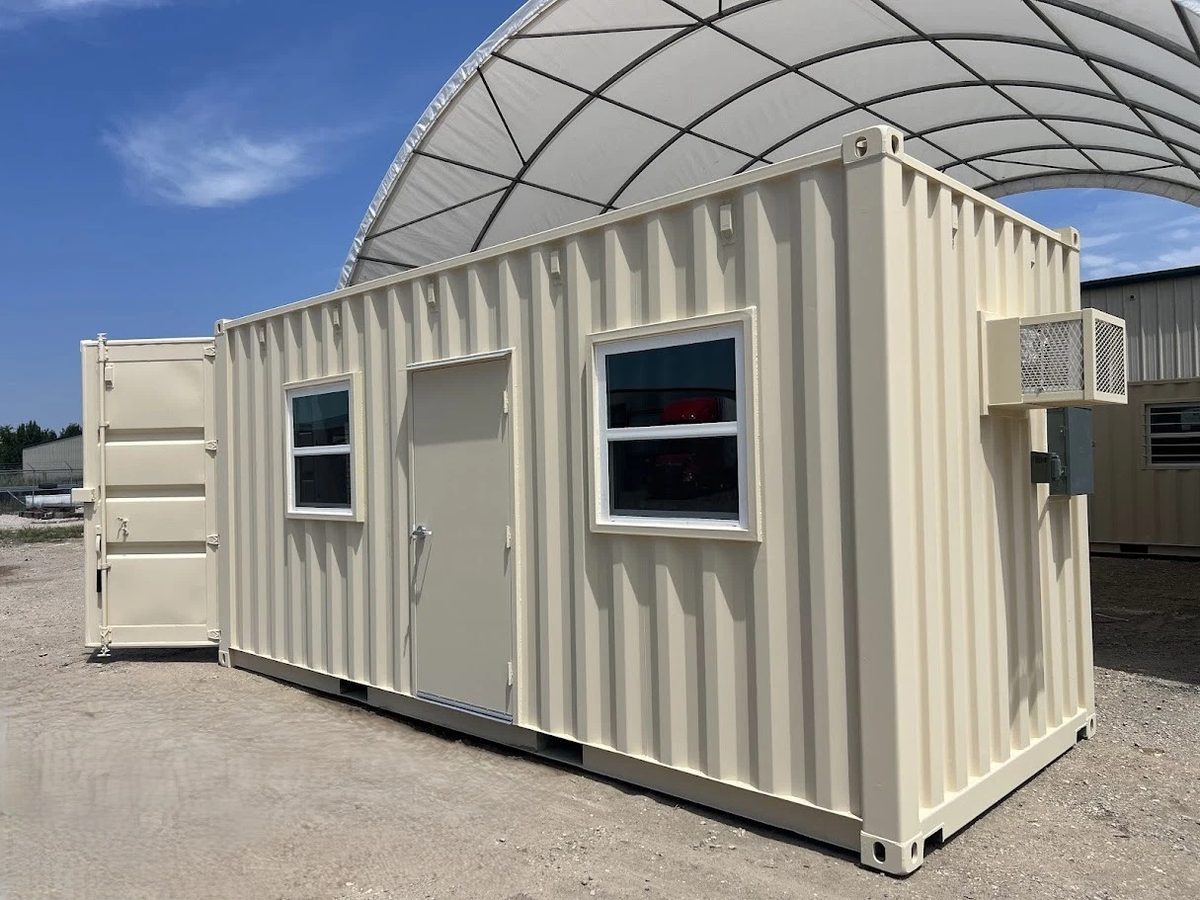 20ft High Cube Container Office – Side Entry and Two Windows – Three-quarter exterior of container office with two windows and entry door (3)