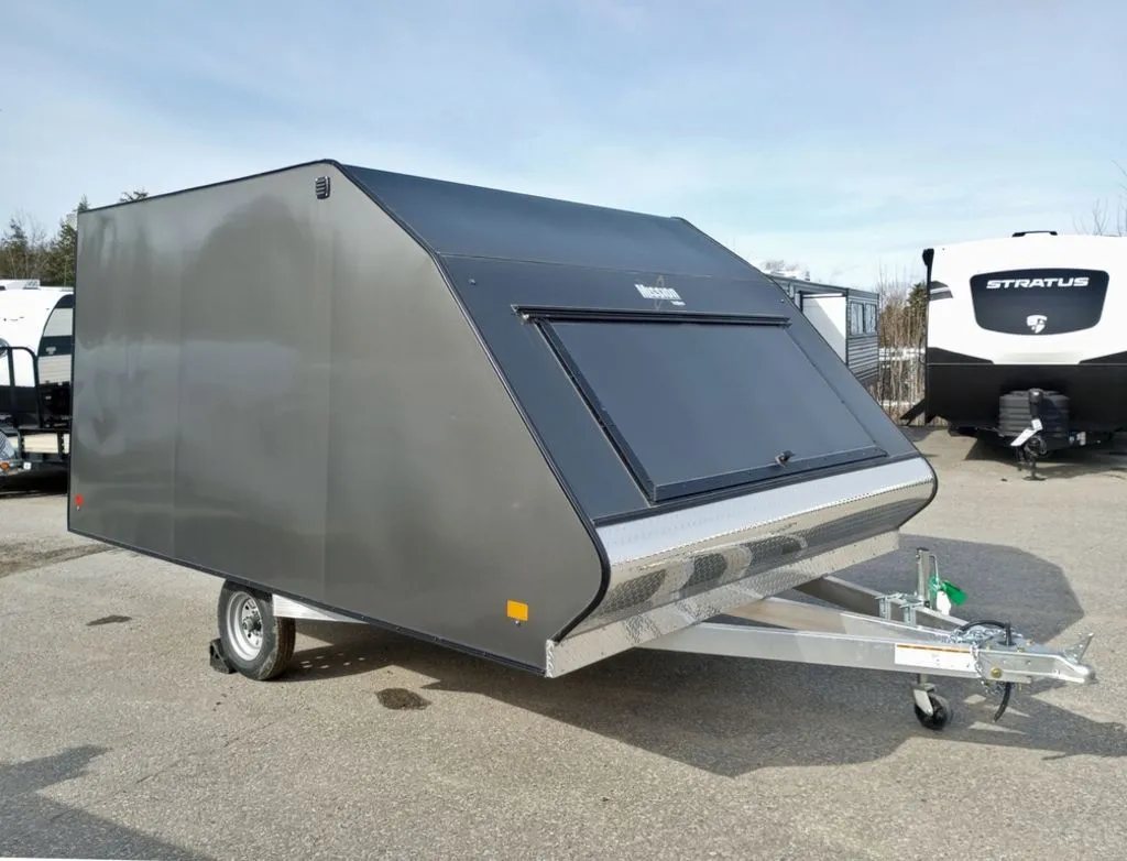 Mission Trailers Aluminum Crossover – Rear Canopy – Front three-quarter view from the opposite side showing the front access door