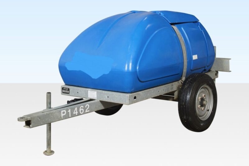 250-Gallon Site Towable Water Bowser – Poly Tank, Steel Frame – Blue plastic towable water bowser tank on a single axle galvanized trailer chassis