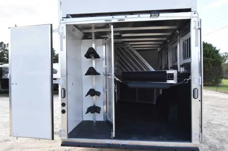 2018 Lakota 4 Horse Trailer – 2 ft Short Wall – Rear view with doors open showing the horse area and saddle racks
