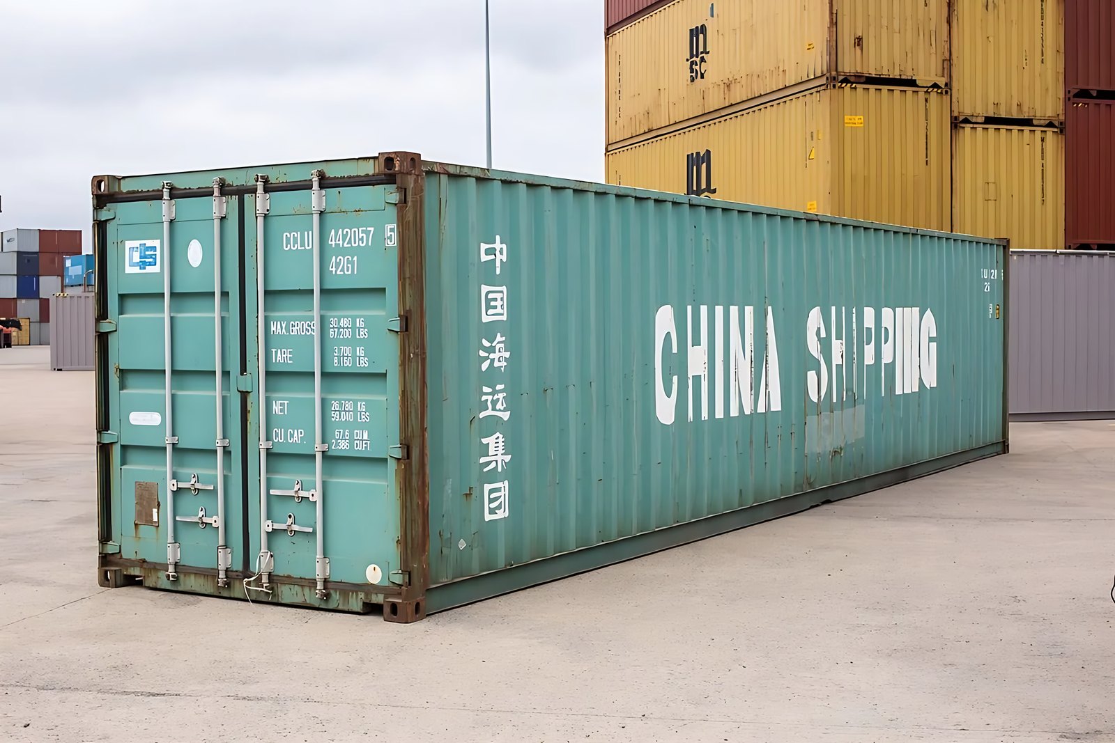 40ft Used Shipping Container – Wind & Watertight Storage – Weathered green shipping container with closed doors and long side visible in yard