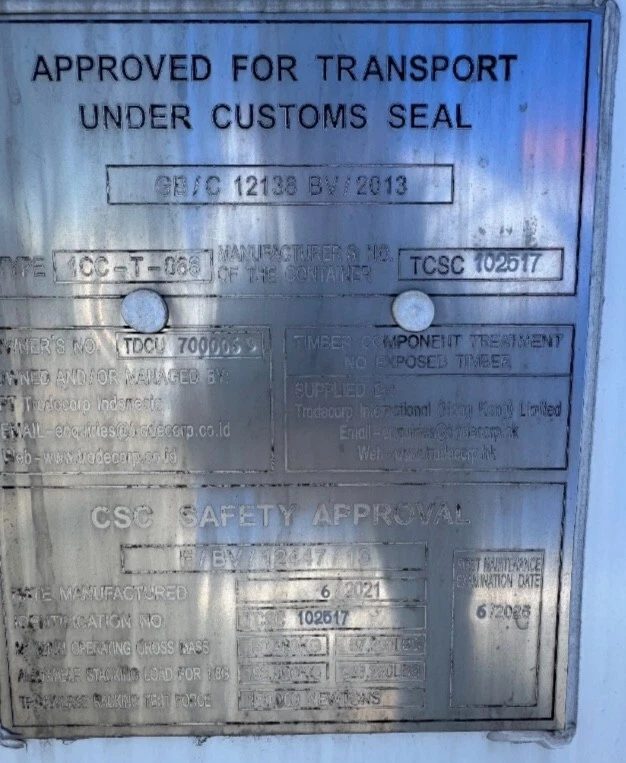 20ft Used Refrigerated Shipping Container – Thermo King – Close-up of a weathered metal container identification and safety approval plate