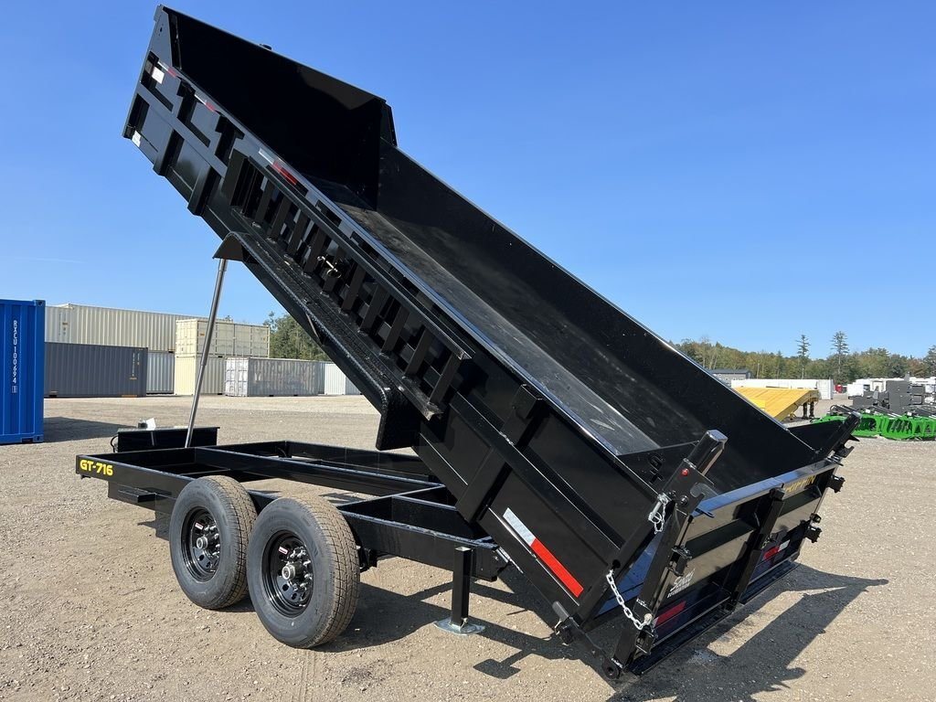 2024 Griffin Trailers 16 ft Dump Trailer – Telescopic – A rear three-quarter view of the dump trailer with the bed fully raised